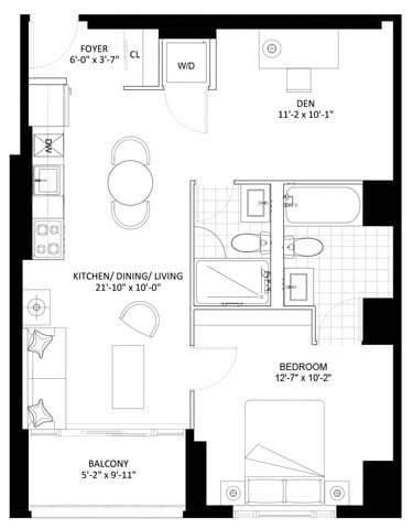 Floor plan for 1 bed, 2 baths, 714 sqft
